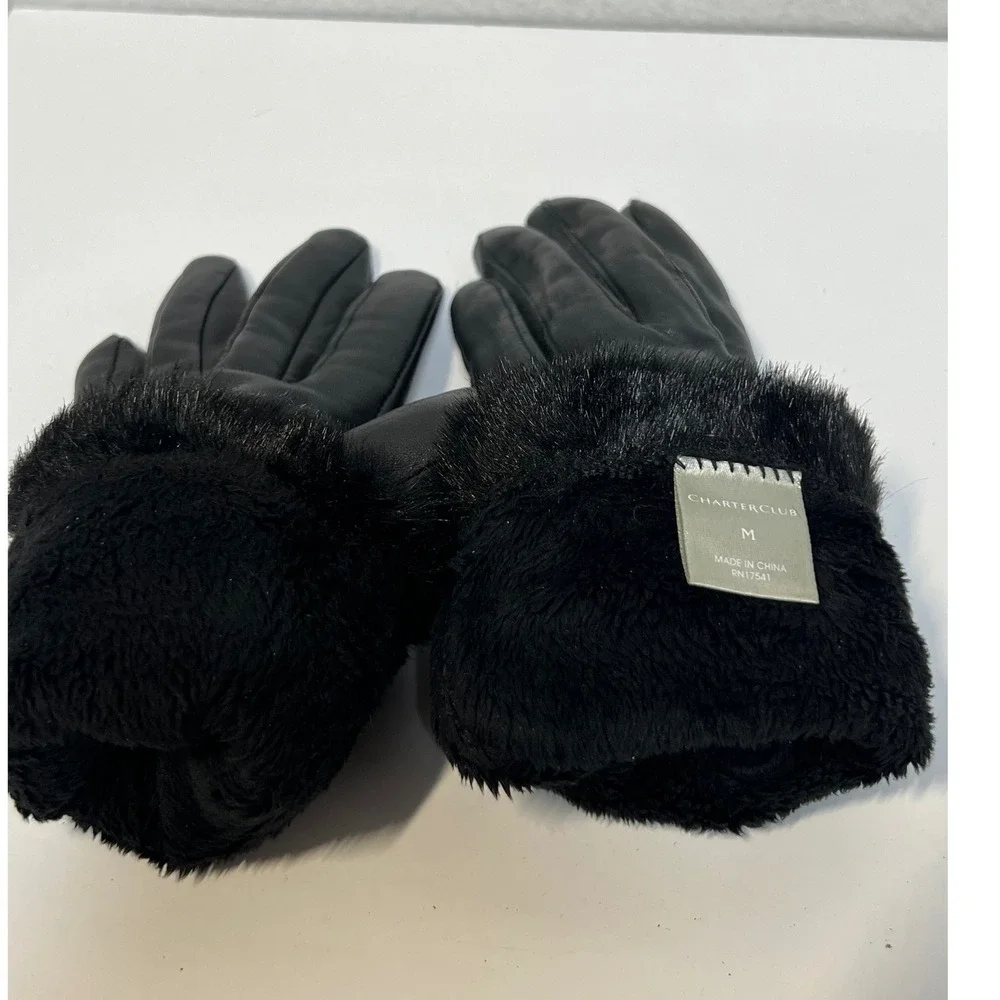 Charter Club Black Genuine Leather Gloves Faux Fur Trim Cuff Size M